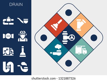 drain icon set. 13 filled drain icons.  Collection Of - Pipe, Plumber, Plunger