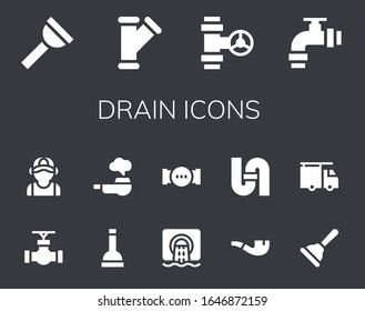 drain icon set. 14 filled drain icons. Included Plunger, Pipe, Plumber, Sewer icons
