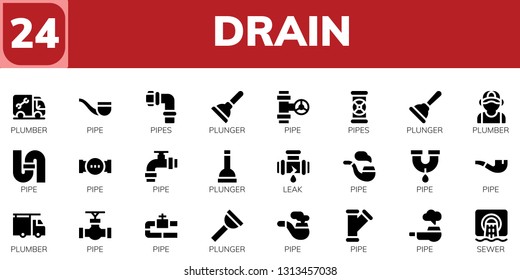 drain icon set. 24 filled drain icons.  Simple modern icons about  - Plumber, Pipe, Pipes, Plunger, Leak, Sewer
