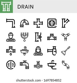 Drain Icon Set. Sammlung von Rohren, Abtropfen, Klempner, Leak, Wasserhahn, Rohrleitungen, Rosa, Siphon, Plunger, Kanalsymbole