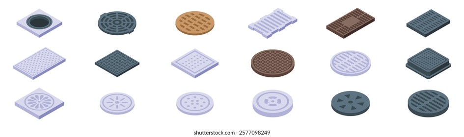 Drain manhole icons set. Set of isometric manhole covers including round, square, and rectangular shapes, showcasing diverse materials and designs for urban infrastructure