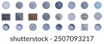 Drain manhole icons set. Variety of manhole covers are displayed, showcasing different textures and patterns
