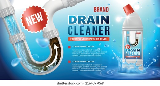 Drain pipe new cleaner ad poster with plastic bottle mockup and sewer pipe with blockage vector illustration