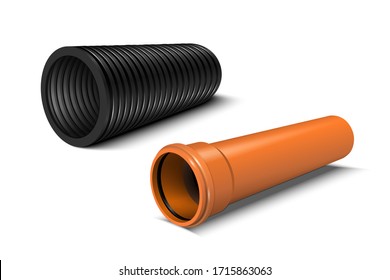 Drain pipes. Products from plastic. PVC sewer pipe. Vector illustration.