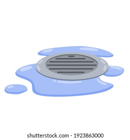 Drain in plumbing. Sink hole on floor. Element of water supply system. Blue puddle and drops of water. Bath and shower detail. Flat cartoon illustration