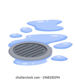 Drain in plumbing. Sink hole on floor. Blue puddle and drops of water. Bath and shower detail. Flat cartoon illustration. Element of water supply system