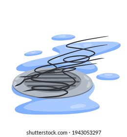 Drain in plumbing. Tangle of hair in sink hole on floor. Blue puddle and drops of water. Problem of baldness. Element of water supply system