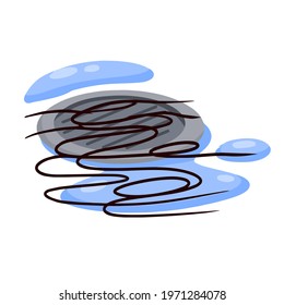 Drain in plumbing. Tangle of hair in sink hole on floor. Element of water supply system. Blue puddle and drops of water. Problem of baldness.