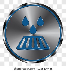 Drain system simple icon on metal round button. Transparent grids
