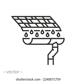 drain water of roof, gutter with rain pipe, thin line icon - editable stroke vector illustration