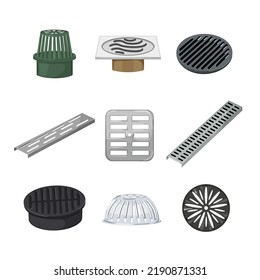 Drainage Grate Water Set Cartoon. Hole Drain, Sewer Shower, Manhole, Road Gutter, Bathroom Steel Floor Drainage Grate Water Vector Illustration