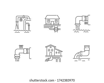 Drainage pipe system pixel perfect linear icons set. Home sanitation service. House utility. Customizable thin line contour symbols. Isolated vector outline illustrations. Editable stroke