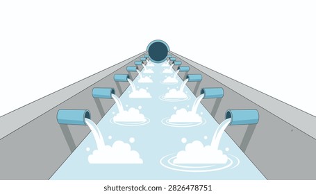 Drainage pipes pouring water into a concrete canal in an industrial setting.