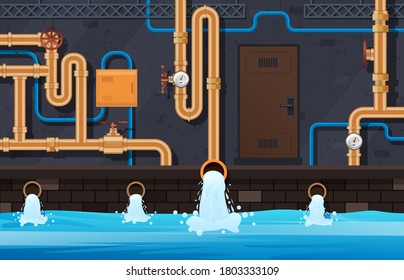 Drainage pipes system. Industrial heating system, urban municipal water pipes treatment system service vector background illustration. Drainage pipeline, industrial tubing engineering in basement