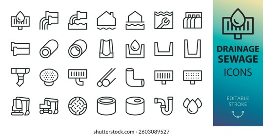 Drainage and sewage system line icons set. Set of waste water pipe, groundwater, sewerage, drain trap, rain gutter, concrete U channel drain, manhole cover vector icon with editable stroke