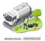 drainage Sewerage Maintenance utilities worker emptying household septic tank cleaning sludge from septic system friendly concept isometic isolated illustration