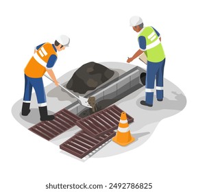 drainage Sewerage pipes Maintenance and cleaning labor and inspector engineer work clean together eco Wastewater pipe industrial factory friendly concept isometic isolated illustration