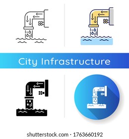 Drainage system icon. Steel pipe with flowing water. Environmental pollution from city factory. Urban infrastructure. Linear black and RGB color styles. Isolated vector illustrations