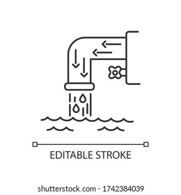 Drainage system pixel perfect linear icon. Steel pipe with flowing water. Environmental pollution. Thin line customizable illustration. Contour symbol. Vector isolated outline drawing. Editable stroke