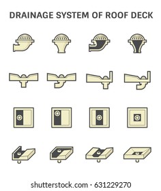 Drainage system of roof deck icon. May called parapet, scupper or storm drain. Include bowl, gutter or pitch, downspout pipe, floor or slab over building. Outlet of rainwater, stormwater for rooftop.
