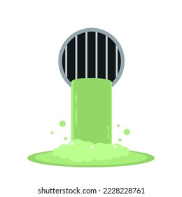 Drainage system.  Toxic waste. Water supply and sewerage. Industrial drain. Cartoon illustration isolated on white background. Pipe with green water.