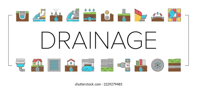 Drainage Water System Collection Icons Set Vector. Road And House, City And Industry Drain System, Bath And Sink Drainage Hole Concept Linear Pictograms. Contour Color Illustrations