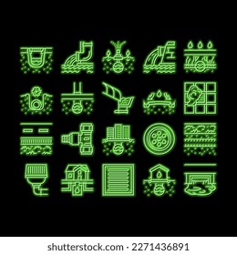 Drainage Water System neon light sign vector. Road And House, City And Industry Drain System, Bath And Sink Drainage Hole Illustrations