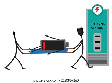 A drained battery icon is carried in a stretcher and  to be recharged via a charging station. Editable Clip Art.