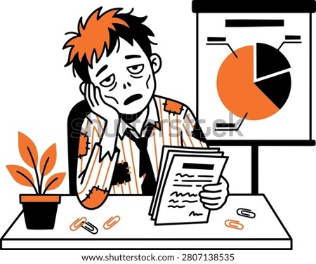 Drained undead worker slumps at desk with paperwork representing exhaustion during a corporate halloween event. Perfect for business stress themes.