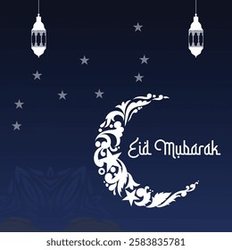 Drak blue background Eid mubarak islamic greeting card with star background