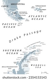 Drake Passage, Mar de Hoces, or Hoces Sea, gray political map. Body of water between Cape Horn and Antarctic Peninsula, connecting South Atlantic with South Pacific and extending into Southern Ocean.