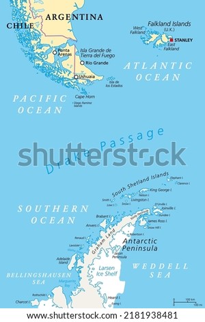 Drake Passage, political map. Mar de Hoces, Hoces Sea, body of water between Cape Horn and Antarctica Peninsula. Connect South Atlantic Ocean with South Pacific Ocean, extends into Southern Ocean.