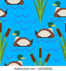 Drake pixel art pattern. Pond 8bit of texture. waterfowl bird background. Vector illustration