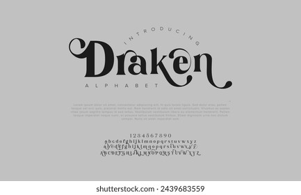 Draken premium luxury elegant alphabet letters and numbers. Vintage wedding typography classic serif font decorative vintage retro. Creative vector illustration