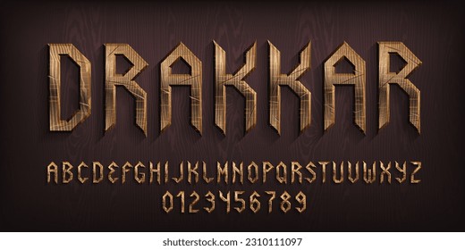 Drakkar alphabet font. Damaged wooden letters and numbers. Stock vector typescript for your typography design.