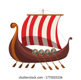 Drakkar is ancient scandinavian viking warship, side view isolated on white background. Marine adventures, land conquests and sea battles of warriors. Vector flat illustration of historic ship