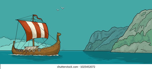 Drakkar floating on the fjord in Norway. Hand drawn design element sailing ship. Vintage color vector engraving illustration for poster, label, postmark.