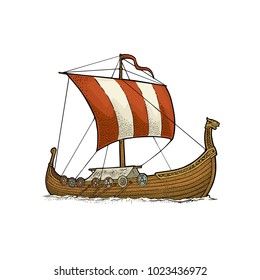 Drakkar floating on the sea waves. Hand drawn design element sailing ship. Vintage vector color engraving illustration. Isolated on white background for poster, label, postmark