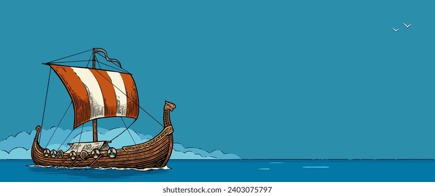 Drakkar flotando en las olas del mar. Buque de vela con elementos de diseño dibujado a mano. Ilustración vectorial de color vintage para el afiche, etiqueta.