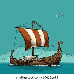 Drakkar floating on the sea waves. Hand drawn design element sailing ship. Vintage color vector engraving illustration for poster, label, postmark.