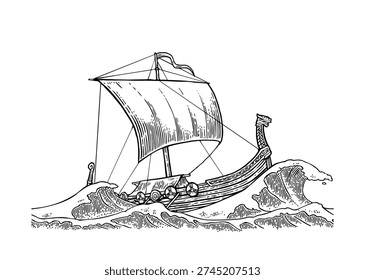 Drakkar floating in a stormy sea with big waves. Hand drawn design element sailing ship. Vintage monochrome vector engraving illustration for poster, label, postmark.