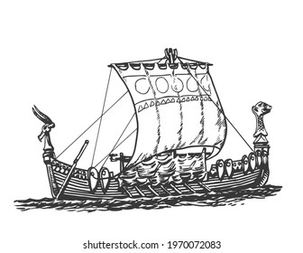 Drakkar, old sailing ship, graphic hand drawing. Sea or river transport, an isolated object. Vector