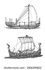 Drakkar, old sailing ship, graphic hand drawing. Sea or river transport, an isolated object. Vector