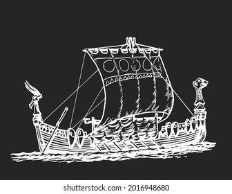 Drakkar, old sailing ship, graphic hand drawing. Sea or river transport, an isolated object. Vector