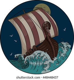 Drakkar sailing on the stormy sea in the night , vector illustration, eps-10