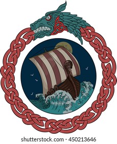 Drakkar sailing on the stormy sea in the night, in the frame of the Scandinavian wreath with a dragon's head, vector illustration, eps-10