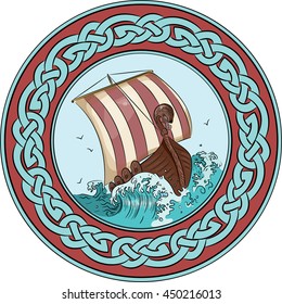 Drakkar sailing on the stormy sea in the frame of the Scandinavian wreath with a dragon's head, isolated on white, vector illustration, eps-10