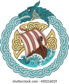 Drakkar sailing on the stormy sea in the frame of the Scandinavian wreath with a dragon's head, isolated on white, vector illustration, eps-10