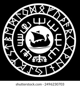 
Drakkar Scandinavian protection talisman in a circle of ancient Norse runic symbols. 
Vector illustration of Scandinavian myths with Celtic culture. Isolated on black vector illustration.