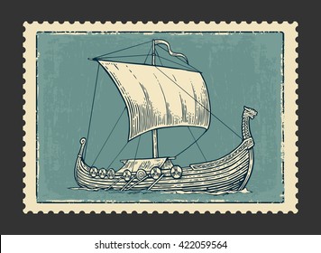 Drakkar viking floating on the sea waves.  Hand drawn design element sailing ship. Vintage vector engraving illustration for poster, label, postmark. Isolated on dark background